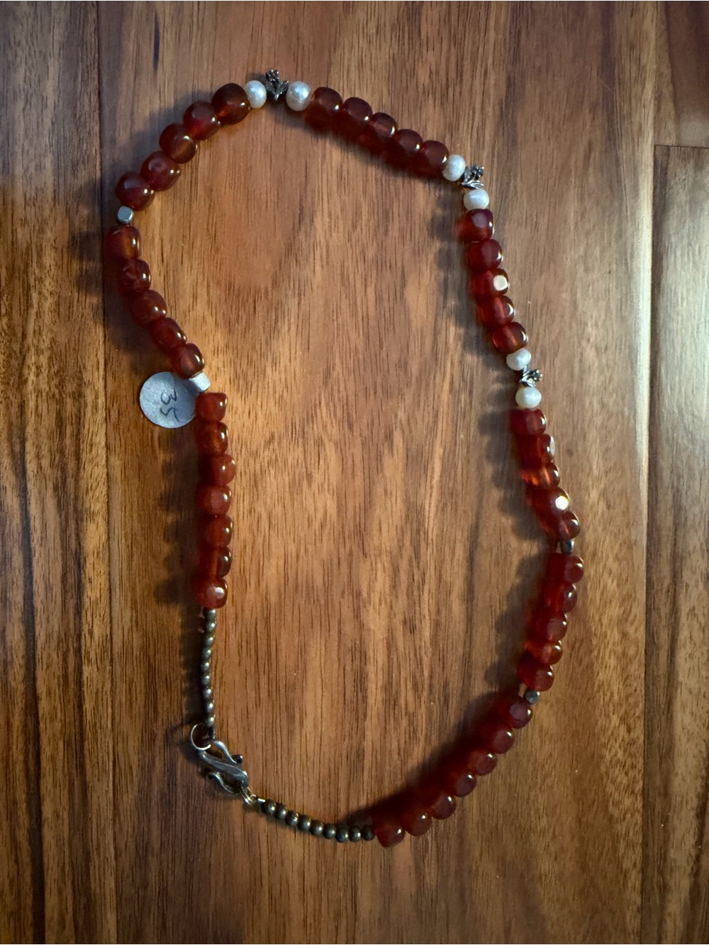 Beaded Carnelian Necklace with Silver Accents - Red